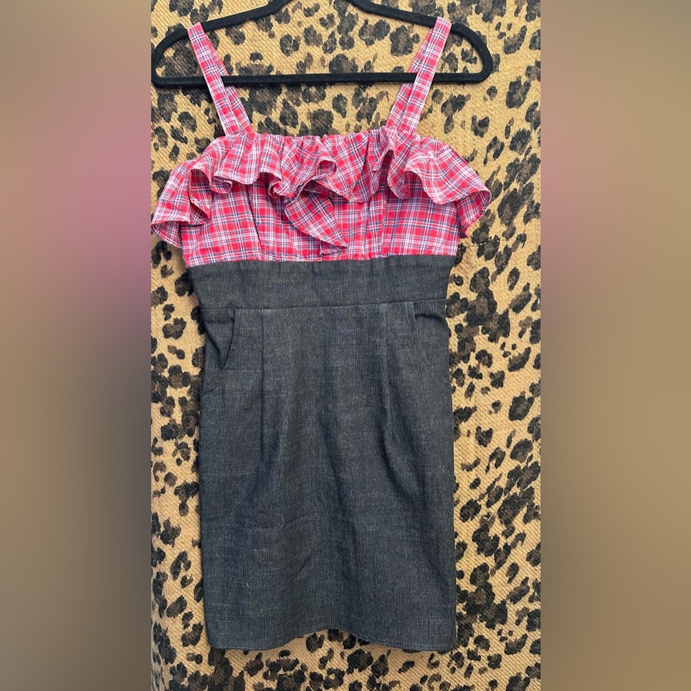 Zoom by Joy Han two tone dress with ruffled plaid top and denim fitted bottom.